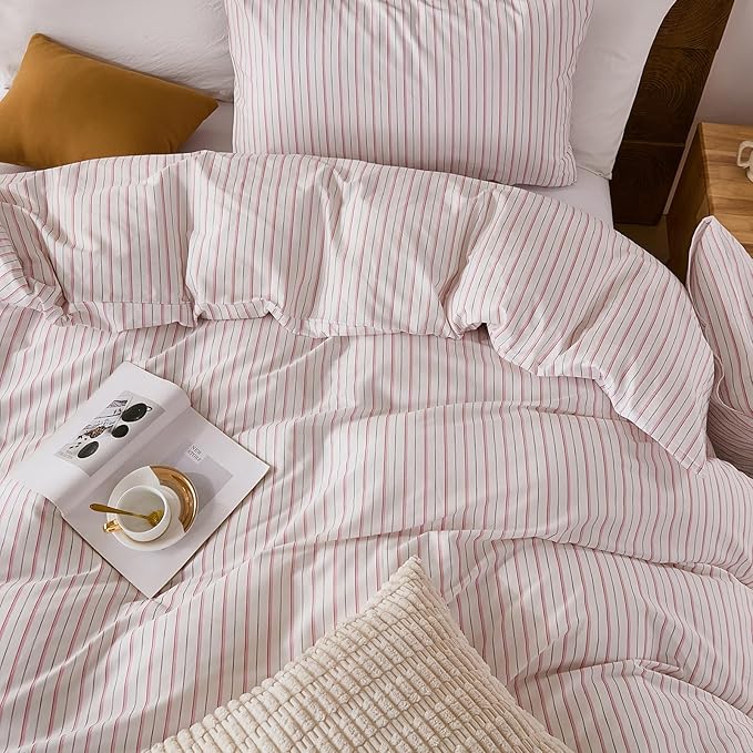 Merryword 100% Cotton Duvet Cover Set Queen Size - White & Pink Stripes Duvet Cover with Pillowcases, Soft Breathable Bedding Set Modern Minimalist Pinstripe Comforter Cover for All Seasons