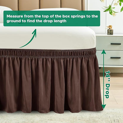 Biscaynebay Wrap Around Bed Skirts for King & Cal King Beds 14" Drop, Brown Adjustable Elastic Dust Ruffles Easy Fit Wrinkle & Fade Resistant Silky Luxurious Fabric Solid Machine Washable