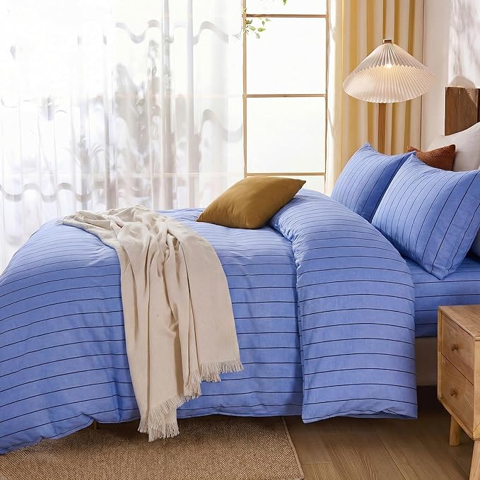 Merryword Blue Striped Duvet Cover Set King Size, 100% Cotton Denim Blue Bedding Set with Zipper Closure & 8 Corner Ties, Luxury Linen Like Bedding, Soft Breathable Comforter Cover for All Seasons