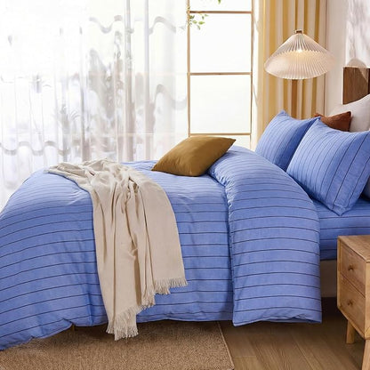 Merryword Blue Striped Duvet Cover Set King Size, 100% Cotton Denim Blue Bedding Set with Zipper Closure & 8 Corner Ties, Luxury Linen Like Bedding, Soft Breathable Comforter Cover for All Seasons