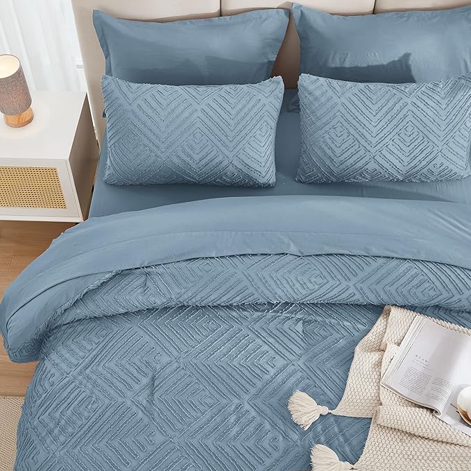 Andency Queen Size Comforter Set 7 Piece Grayish Blue - Bed in a Bag Queen Boho Lightweight Fluffy Tufted Bedding Sets with Comforter, Sheets, Pillowcases & Shams