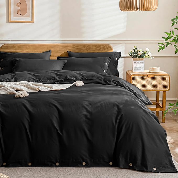 JELLYMONI Cotton Duvet Cover Cal King Size - Pure Black Comforter Cover with Button 100% Washed Cotton 3PCS Breathable Soft Solid Bedding Set Duvet Cover 104×98in & 2 Pillowcases (NO Comforter)