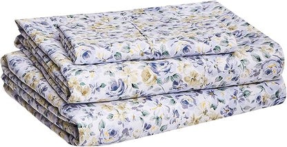 Amazon Basics Lightweight Super Soft Easy Care Wrinkle Free Breathable Brushed Microfiber 3 Piece Bed Sheet Set with 14-Inch Deep Pockets, Twin, Blue Floral, Kids, Men & Women Bedding