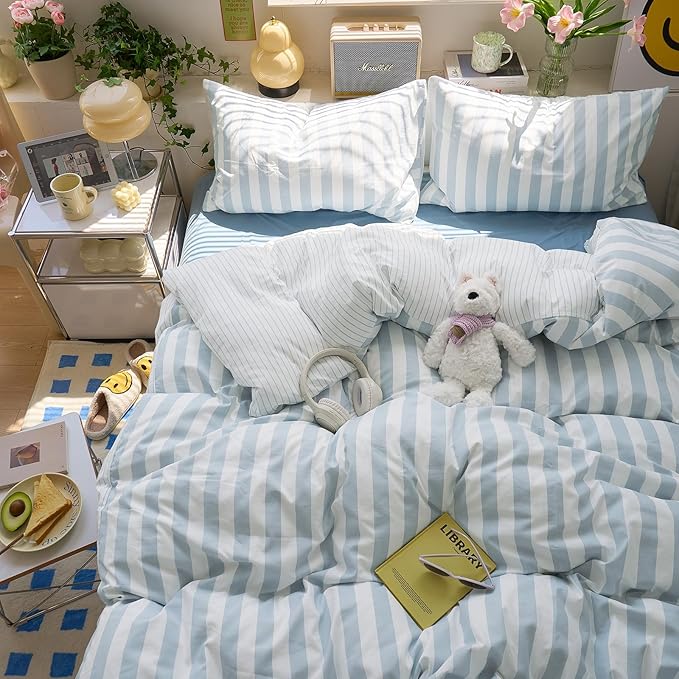 EAVD Retro Blue and White Striped Duvet Cover Set Queen Soft Washed Microfiber Reversible Vertical Striped Percale Bedding Set with 2 Pillowcases Farmhouse Geometric Duvet Cover with Zipper Closure