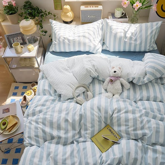 EAVD Retro Blue Striped Duvet Cover Twin Soft Washed Microfiber Reversible Vertical Striped Percale Bedding Set with 2 Pillowcases Farmhouse Geometric Pattern Duvet Cover with Zipper Closure