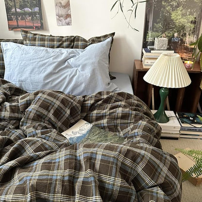 MKXI Buffalo Plaid Duvet Cover Twin XL - 3 Piece Washed Cotton Bedding Set, Blue Brown Green Vintage Aesthetic, Soft Breathable with Zipper Closure