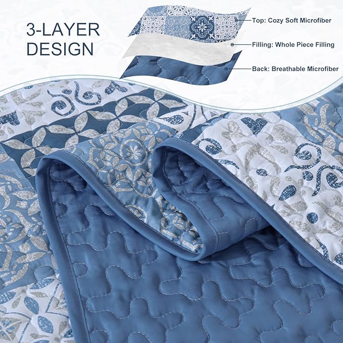 Dobuyly Blue Quilt Set Queen Size, Boho Mineral Blue Plaid Patchwork Bedspreads Coverlet Set, 3 Pieces Soft Lightweight Microfiber Quilt Bedding Set for All Seasons 96"x90"