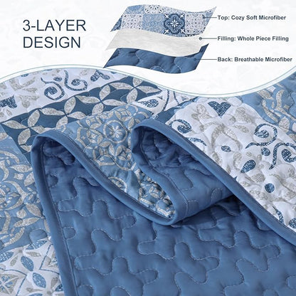 Dobuyly Blue Quilt Set Queen Size, Boho Mineral Blue Plaid Patchwork Bedspreads Coverlet Set, 3 Pieces Soft Lightweight Microfiber Quilt Bedding Set for All Seasons 96"x90"