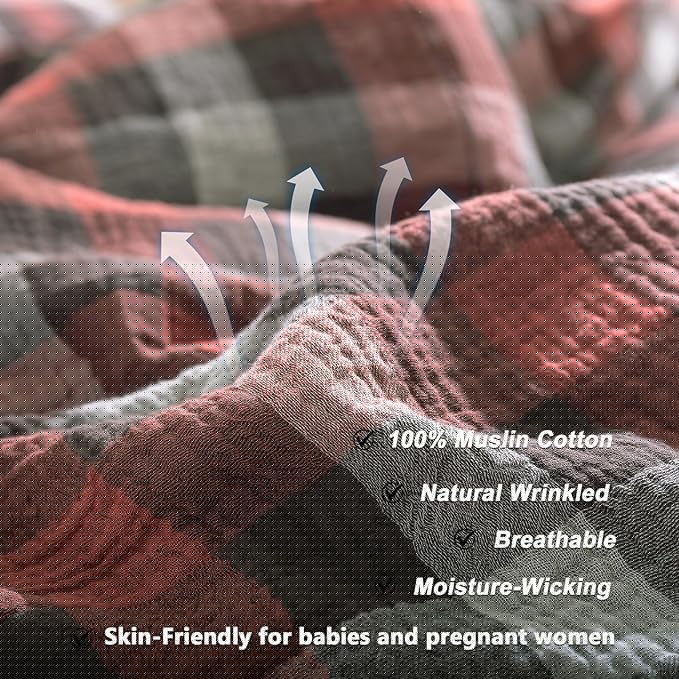 VM VOUGEMARKET Red Gingham Duvet Cover King Muslin Cotton Plaid Bedding Set Soft Breathable Linen Like Gauze Comforter Cover with Zipper Closure for Adults-3 Pieces,104"x90"