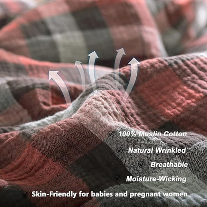 VM VOUGEMARKET Red Gingham Duvet Cover King Muslin Cotton Plaid Bedding Set Soft Breathable Linen Like Gauze Comforter Cover with Zipper Closure for Adults-3 Pieces,104"x90"