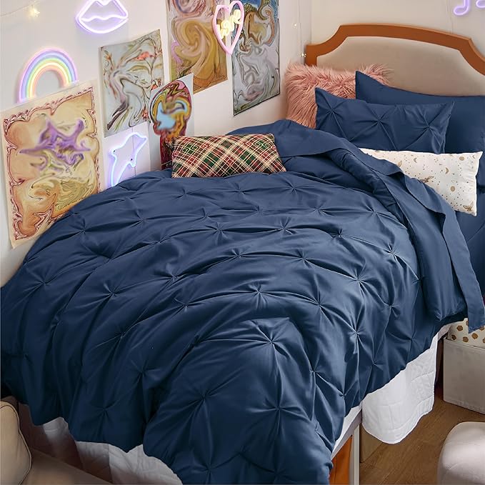 Bedsure Twin XL Comforter Set - Extra Long 5 Pieces Dorm Bedding Sets, GentleSoft™ Pinch Pleat Navy Blue Bed in a Bag with Pintuck Comforter, Sheets, Pillowcase & Sham