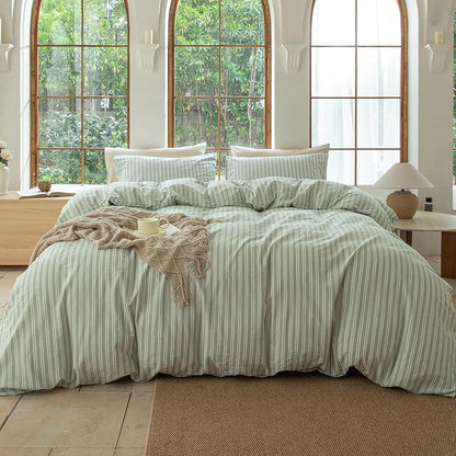 Sage Green and White Striped Duvet Cover,100% Washed Cotton Breathable and Linen Like Bedding Set(Strip-Sage Green/White,Twin)