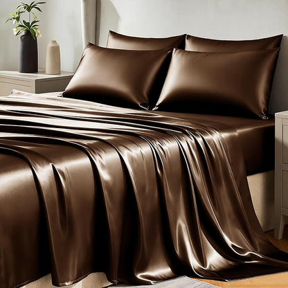 CozyLux Satin Sheets Full Size Sheets - 6 Piece Silky Full Size Bed Sheets, Luxury Brown Full Bed Set with Smooth and Soft Microfiber, Includes 1 Fitted Sheet, 1 Flat Sheet and 4 Pillowcases