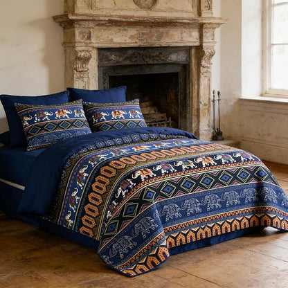 Navy Blue Comforter Set Full Size, Boho Aztec Bedding Set for Tribal & Ethnic Style Bedroom, 3Pieces Soft 100% Microfiber Lightweight Comforter Set with 2 Pillowcases, 79"x90"