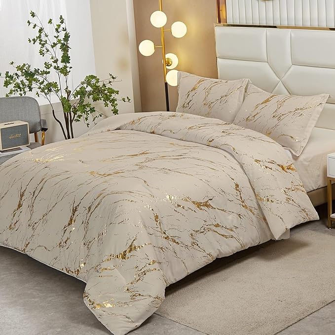 WONGS BEDDING Gold Metallic Marble Khaki Comforter Set Full Foil Print Glitter Bedding Sets with 2 Pillowcases for All Seasons, Soft Microfiber Filling Bedding Duvet Set 78"×90"