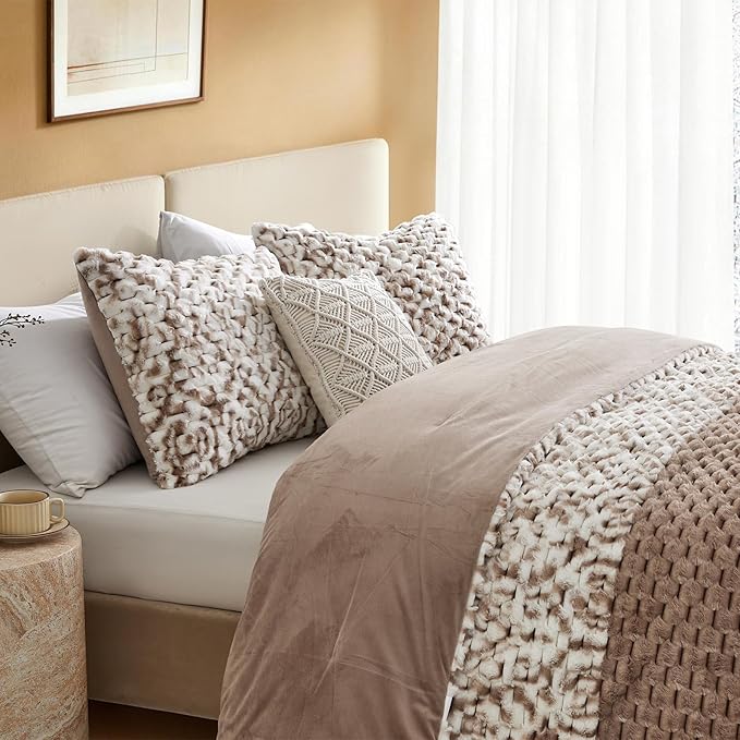 Petrichor Fluffy Queen Comforter Set - Taupe and White Striped Faux Fur Blanket for Queen Bed, Ultra-Soft Warm Bedding for Winter & Fall, Cozy 3 Piece Bed Set (1 Comforter & 2 Pillowcases)