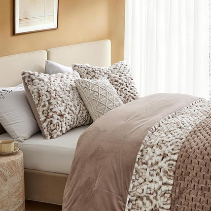 Petrichor Fluffy Queen Comforter Set - Taupe and White Striped Faux Fur Blanket for Queen Bed, Ultra-Soft Warm Bedding for Winter & Fall, Cozy 3 Piece Bed Set (1 Comforter & 2 Pillowcases)