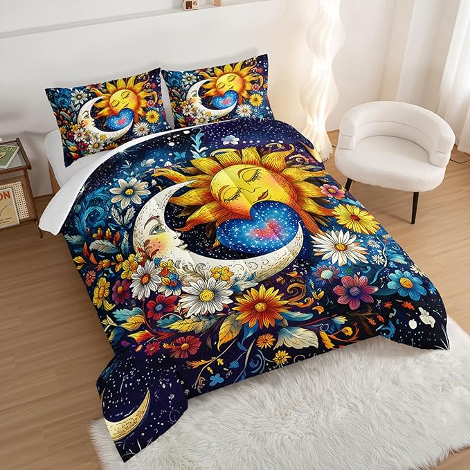 Bedding Sun and Moon Set King Size,Colorful Flowers Bohemian Exotic Gothic Comforter Sets for Kids Teens Girls Room Decor,Universe Galaxy Bedding with 2 Pillowcases.