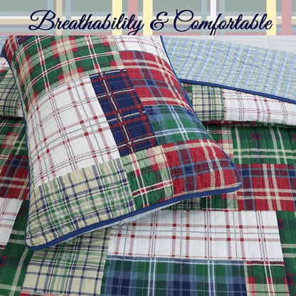 Cozy Line Home Fashions Nate Patchwork Quilt Set, Green Red Navy White 100% Cotton Reversible Coverlet Bedspread for Boy (Nate Patchwork, Queen - 3 Piece)