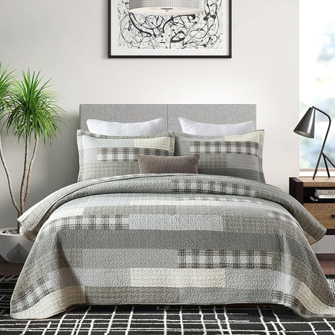 PANGUSHAN Quilt Set King Size,100% Cotton Quilt Bedspread Bedding Set,Grey(Gray)/Cream/Khaki Patchwork Plaid Farmhouse Rustic Reversible Lightweight Comforter Bed Cover King Bed,All Season,3 Pieces