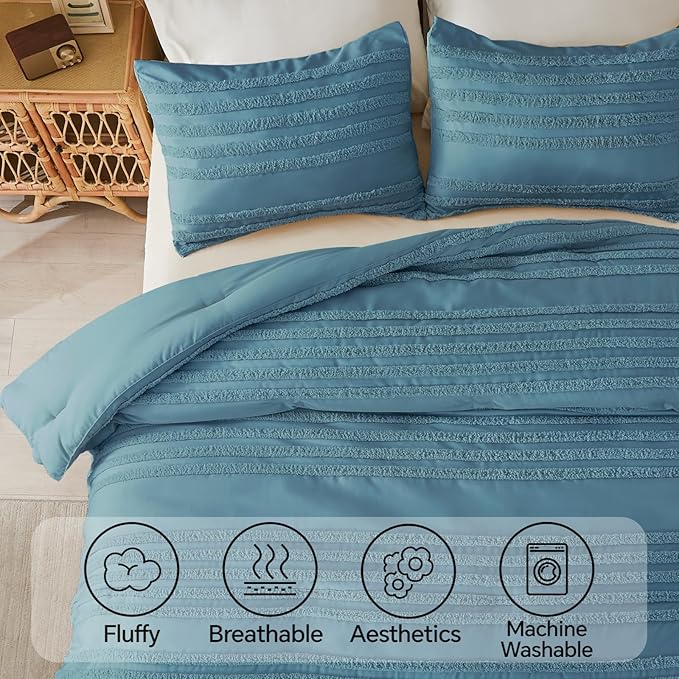 BEDELITE Boho Comforter Set Queen Size, Dusty Blue Tufted Striped Bed Set 3 Pieces, Soft Vintage Farmhouse Comforter for All Seasons, Boho Home Decor,Fluffy Jacquard Bedding with 2 Pillow Shams