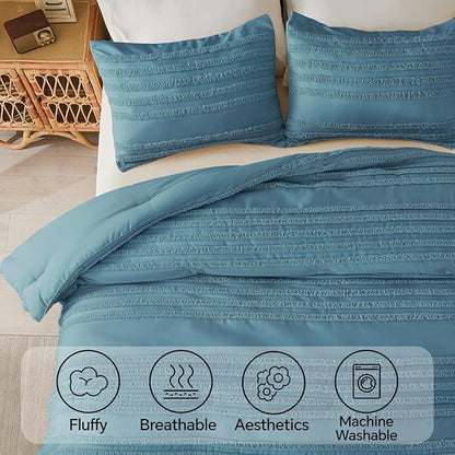 BEDELITE Boho Comforter Set Queen Size, Dusty Blue Tufted Striped Bed Set 3 Pieces, Soft Vintage Farmhouse Comforter for All Seasons, Boho Home Decor,Fluffy Jacquard Bedding with 2 Pillow Shams