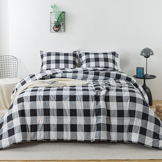 Caressma Plaid Comforter Set Black and White Full Size, 3 Pieces Buffalo Plaid Comforter Bedding Set, Stylish Geometric Plaid Fluffy Home Decor for All Seasons