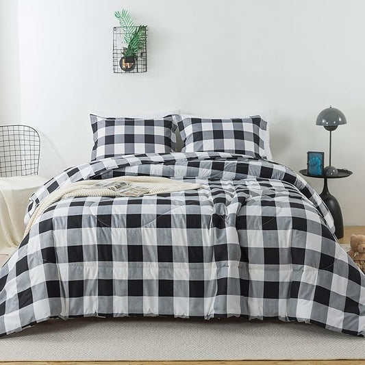 Caressma Plaid Comforter Set Black and White Full Size, 3 Pieces Buffalo Plaid Comforter Bedding Set, Stylish Geometric Plaid Fluffy Home Decor for All Seasons