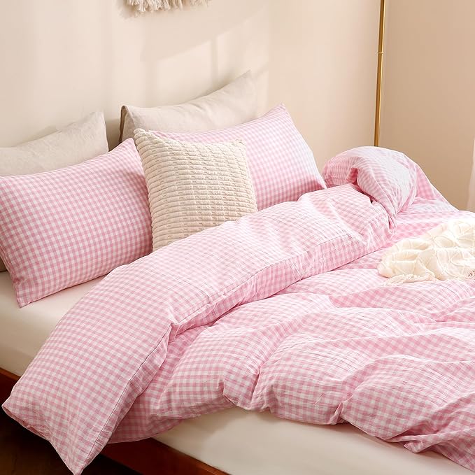 TOCOMOA Pink Gingham Duvet Cover Bedding Set 100% Washed Cotton Like Linen Feel Super Soft Comfortable 3 Piece Cute Plaid Checkered Comforter Cover Set (Queen 90"x90", Comforter Not Included)