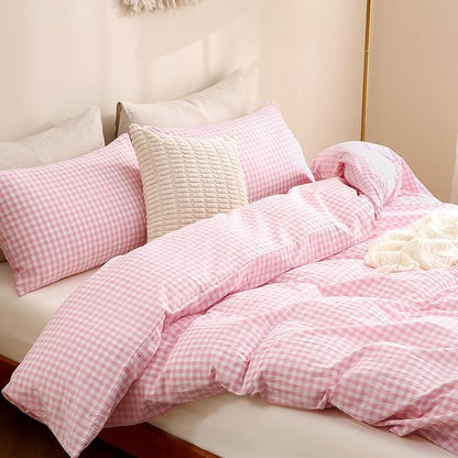 TOCOMOA Pink Gingham Duvet Cover Bedding Set 100% Washed Cotton Like Linen Feel Super Soft Comfortable 2 Piece Cute Plaid Checkered Comforter Cover Set (Twin 68"x90", Comforter Not Included)