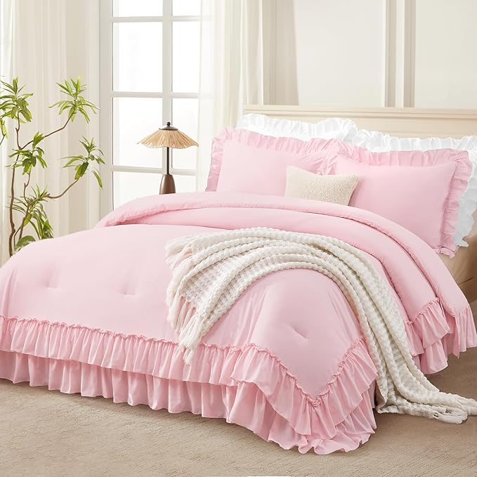 Andency Pink Comforter Set Queen Size, Lightweight Fluffy Farmhouse Pink Ruffle Bedding Set, Soft Polyester All Season Shabby Chic Bed Comforter Set 3 Pieces(1 Ruffle Comforter 2 Pillowcases)