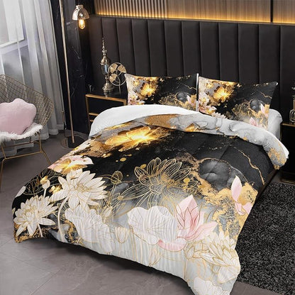 Butterfly Flowers Comforter Set Queen Lotus Floral Bedding Sets 3PCS for Kids Teen Adult Room Decor Ultra-Soft Lightweight Microfiber 1 Comforter with 2 Pillowcases