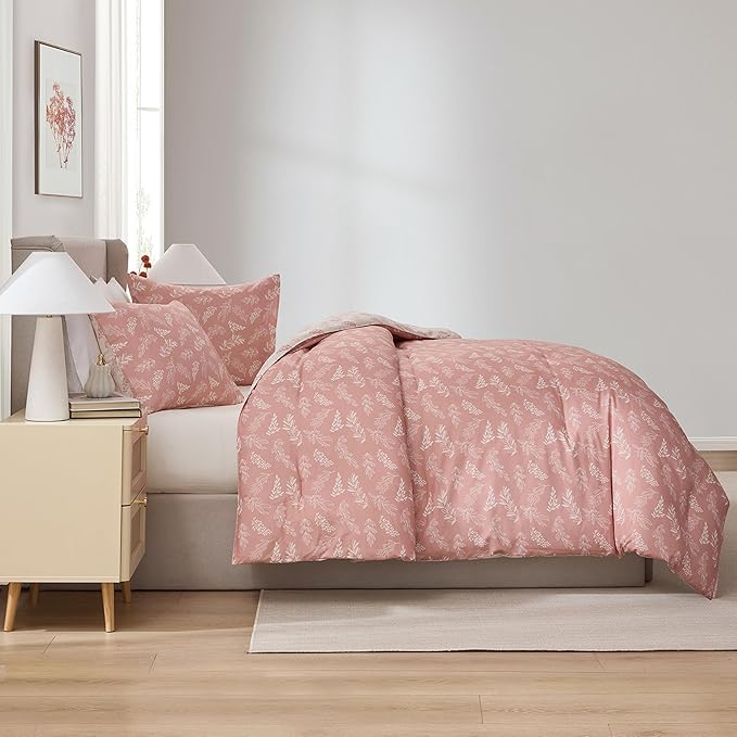 Nestl Full Size Comforter Sets - Blush Bed in a Bag Full Size, 3 Pieces Reversible Bed Set, Soft Floral Bedding Set, All Season Botanical Comforters with Pillow Shams