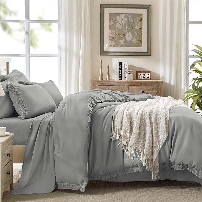 Andency Queen Comforter Set with Sheets Medium Grey - 7 Pieces Boho Tassel Bed in a Bag Soft Lightweight Bedding Sets, Fringe Bed Set with Comforter, Sheets, Pillowcases & Shams