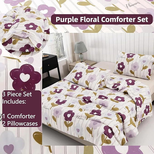 SDIII Purple Floral Comforter Set Full 3 Pieces, Soft Microfiber Lightweight Vintage Floral Comforter Full, Vintage Bedding Set for All Season