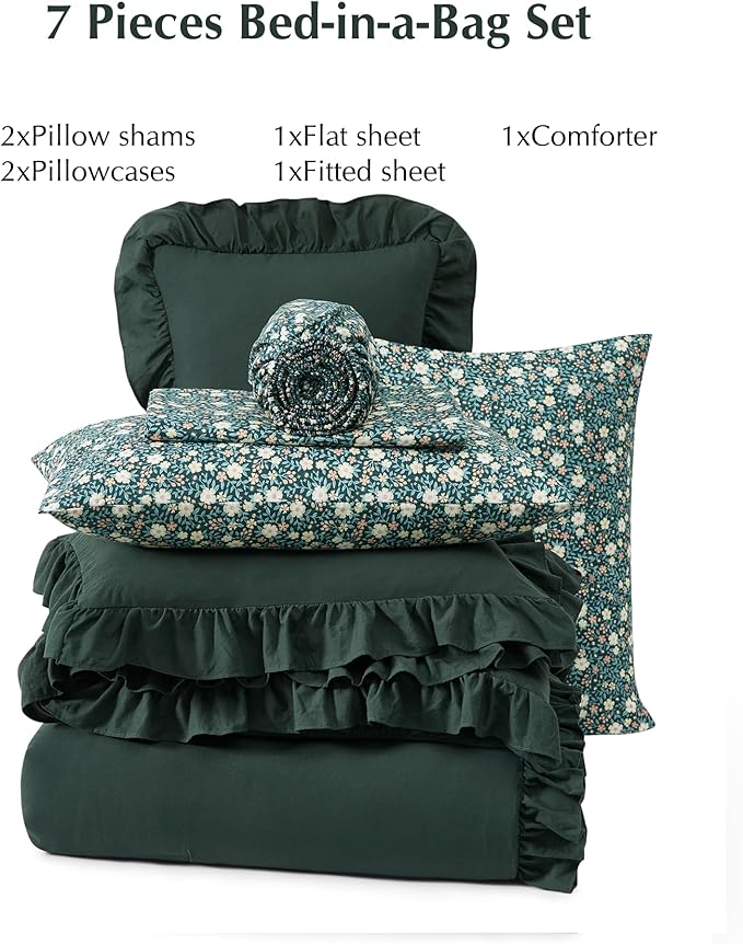 King Comforter Set - 7 Pieces Ruffle Forest Green Bedding Sets, Shabby Chic Farmhouse Bed in a Bag with Ruffle Comforter, Floral Sheets, Pillowcases & Shams