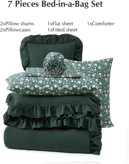 Queen Comforter Set - 7 Pieces Ruffle Forest Green Bedding Sets, Shabby Chic Farmhouse Bed in a Bag with Ruffle Comforter, Floral Sheets, Pillowcases & Shams