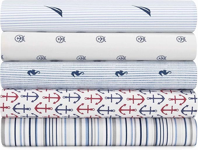 Nautica - Twin XL Size Sheet Set, Crisp & Tailored Cooling Sheets with a Smooth Cotton Percale Lightweight Feel - Bed Sheets with Matching Pillowcase & Fitted Sheet (Audley Stripe Blue)