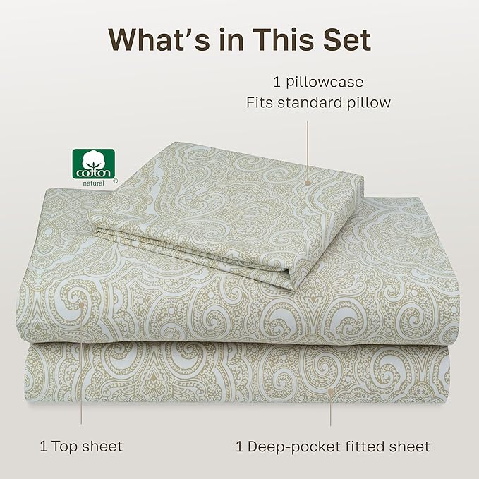 California Design Den Deep Pocket Twin Sheets Set - 400 Thread Count Sateen, Natural 100% Cotton Sheets, and Durable Bedding Set - Paisley Beige