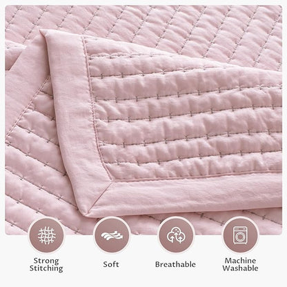 KASENTEX Queen XL Quilt Set 98"x98" – Soft Washed 3-Layer Lightweight Bedspread, Minimalist Nordic Design, All-Season Spring & Summer Quilt Set (1 Quilt + 2 Pillow Shams), Pink