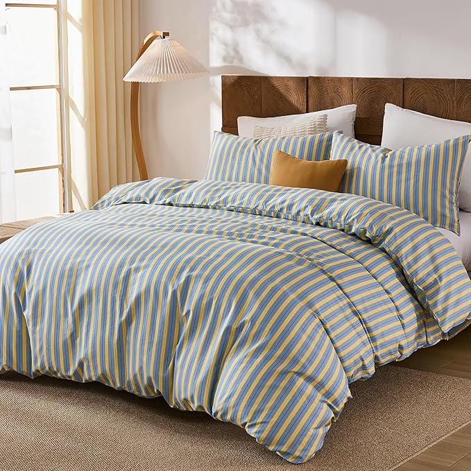 Merryword 100% Cotton Duvet Cover Set Queen Size, Blue & Yellow Striped Bedding Set with Zipper Closure and 8 Corner Ties, Modern Coastal Style Comforter Cover Set 3 Pieces