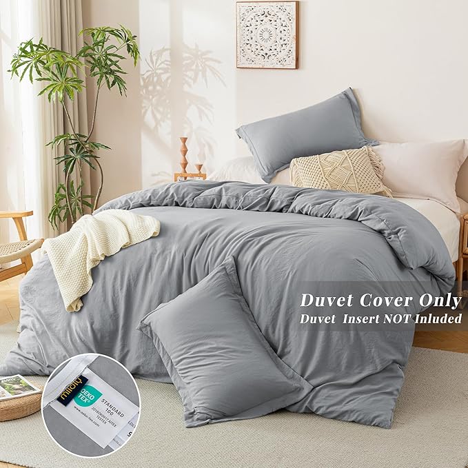 MILDLY Super Soft Duvet Cover - 100% Washed Microfiber Light Grey Comforter Cover Set 3 Pieces with Zipper Closure & Corner Ties (No Comforter)