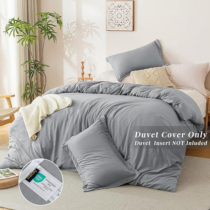 MILDLY Super Soft Duvet Cover - 100% Washed Microfiber Grey Comforter Cover Set 3 Pieces with Zipper Closure & Corner Ties (No Comforter)