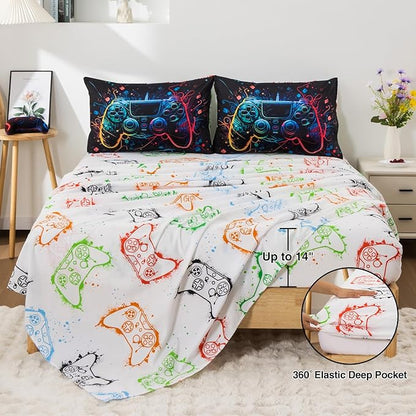 A Nice Night Boys Full Size 5-Piece Game Console Comforter Set, for Kids Teen 3D Colorful Background Space Universe Gamepad Gaming Printed Matching Sheet Sets