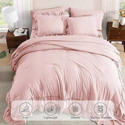 King Size Comforter Set Soft Pink, Ruffle Shabby Chic Bedding Set Farmhouse 7 Pieces, All Season Fluffy Bed in a Bag with Sheets, Pillowcases & Shams