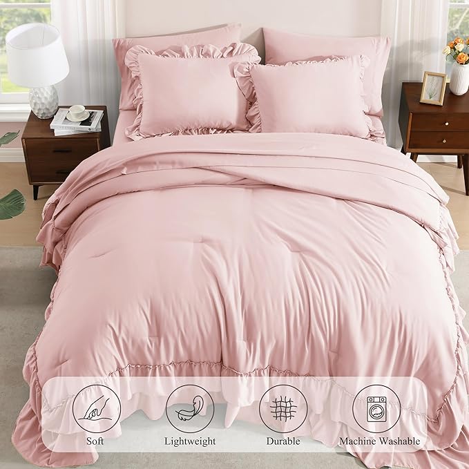 Full Comforter Set Soft Pink, Ruffle Shabby Chic Bedding Set Farmhouse 7 Pieces, All Season Fluffy Bed in a Bag with Sheets, Pillowcases & Shams