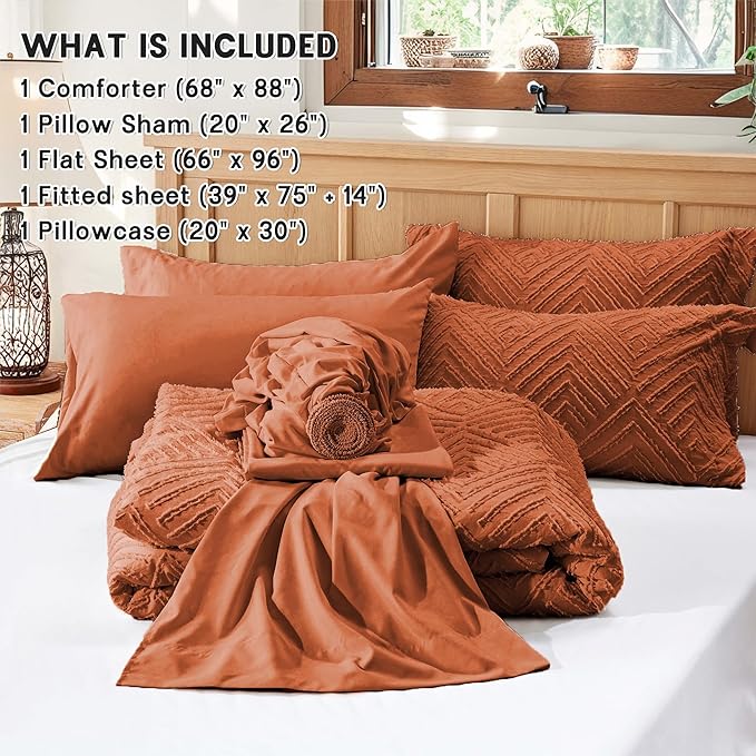 Zzlpp Twin Comforter Set 5 Pieces, Burnt Orange Tufted Bed in a Bag with Comforter and Sheets, All Season Boho Bedding Sets with 1 Comforter, 1 Pillow Sham, 1 Pillowcase, 1 Flat Sheet, 1 Fitted Sheet
