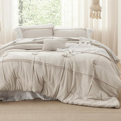 Bedsure Twin Comforter Set - 3 Pieces Grid Pleat Bed Set, Beige Boho Bedding for All Season, 1 Soft Comforter, 1 Pillowcase, 1 Decorative Pillow