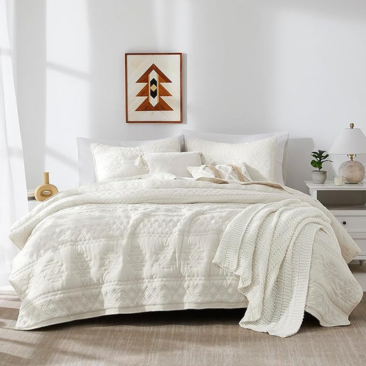 WDCOZY Boho Ivory Twin Quit Size Bedding Sets with 1 Pillow Sham, Cream White Farmhouse Lightweight Soft Bedspread Coverlet for All Season, 2 Pieces, 68x90 inches