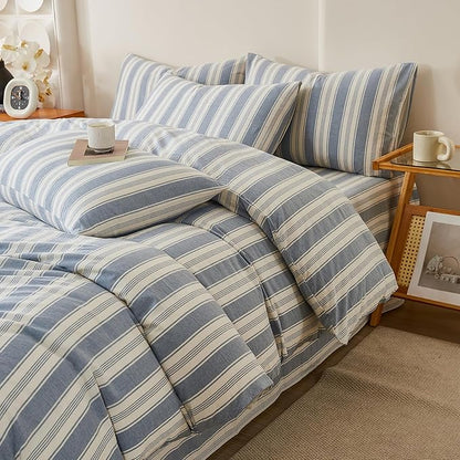 Blue Striped Duvet Cover Set Twin, 100% Washed Cotton Chic Stripes Pattern Printed Bedding Set Twin, 3 Pieces Soft Breathable Duvet Cover Farmhouse Retro Striped Comforter Cover with Zipper Closure